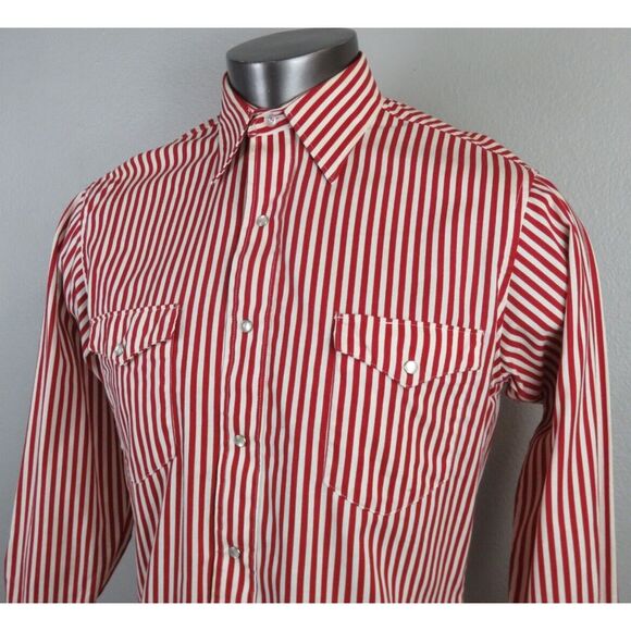 Mens Wrangler Pearl Snap X Long‎ Tails Button Front Shirt Red Candy Cane 15.5 33 - Picture 4 of 10